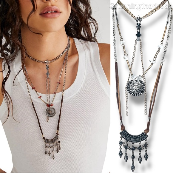 Free People Jewelry - NWT Free People Can't Stand The Rain Layered Necklace Gold Silver & Brown Suede